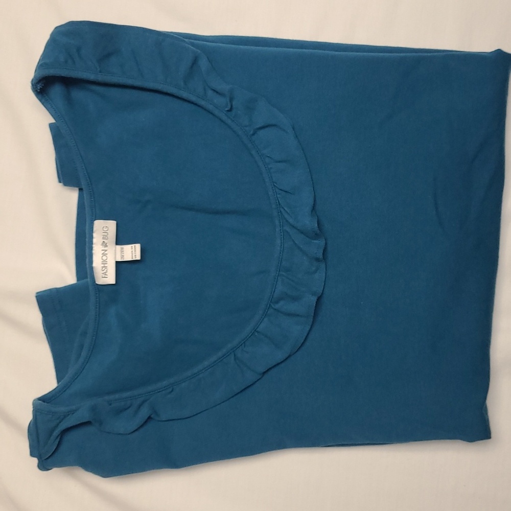Fashion Bug Short Sleeve Teal Blouse with Ruffle Neckline 26/28W